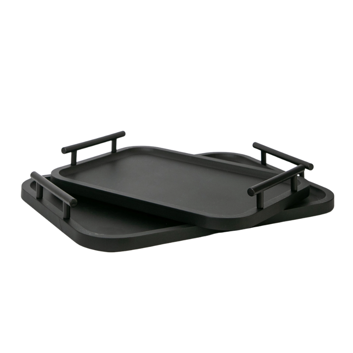 Decorative Wood Trays with Iron Handles- Set of 2