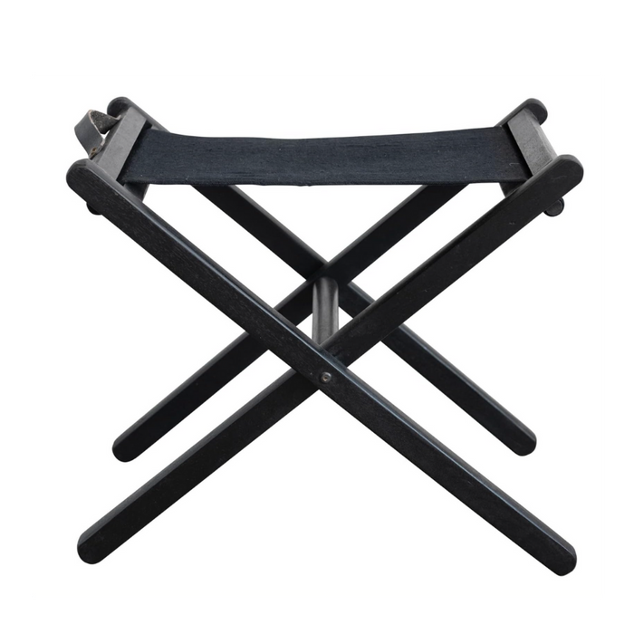 Mango Wood & Linen Folding Stool w/ Leather Handle, Black