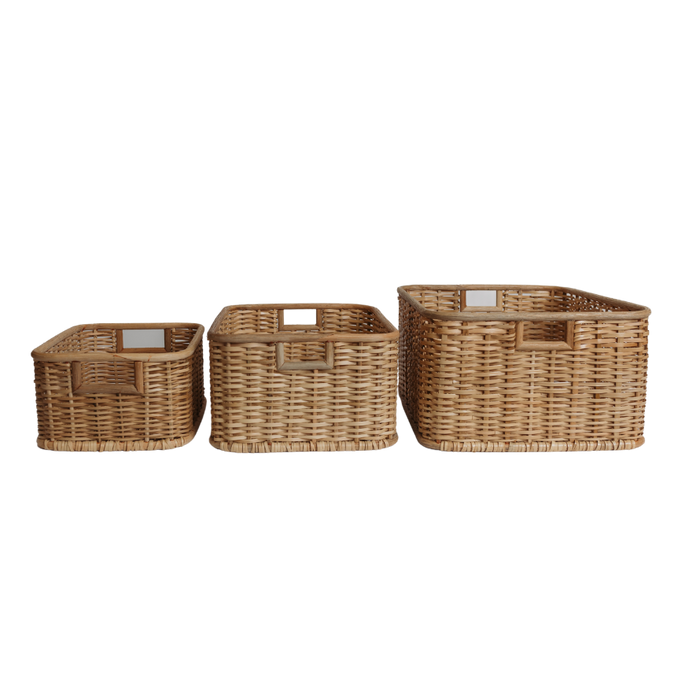 Handmade Palm & Rattan Baskets w/ Handles, Natural, Set of 3