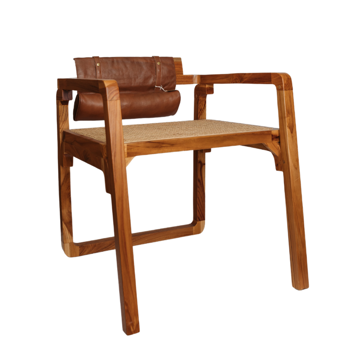 Teak Arm Chair w/ Woven Seat & Leather Pad Back