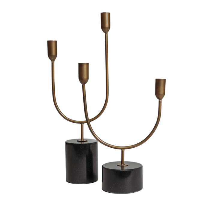 Set of 2 Brass with Marble Double Taper Candle Holders