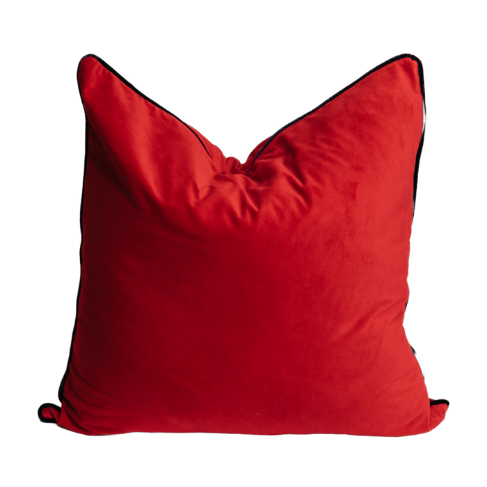Velour Pillow Cover – Red with Navy Blue Piping