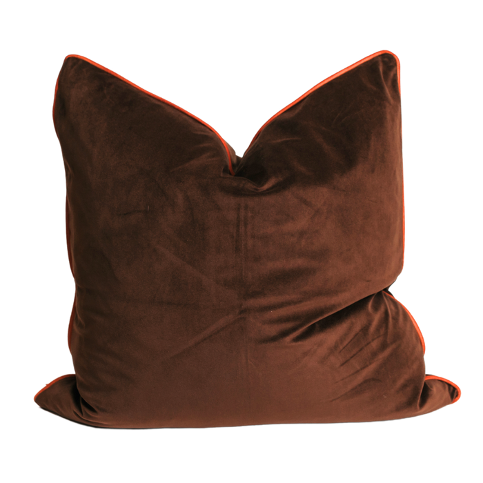 Velour Pillow Cover – Brown with Orange Piping