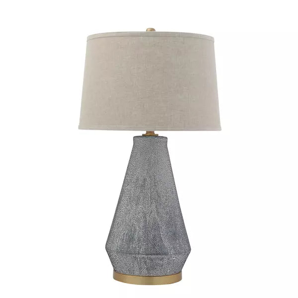 Ceramic Table Lamp with Linen Shade – Blue Textured Glaze