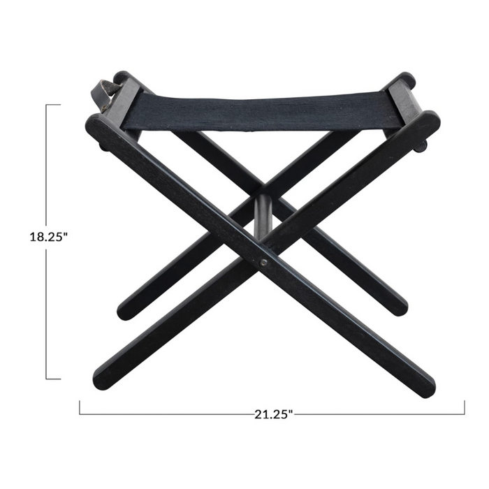 Mango Wood & Linen Folding Stool w/ Leather Handle, Black