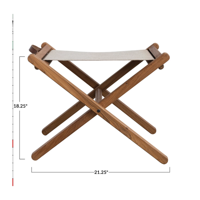 Mango Wood & Linen Folding Stool w/ Leather Handle, Natural