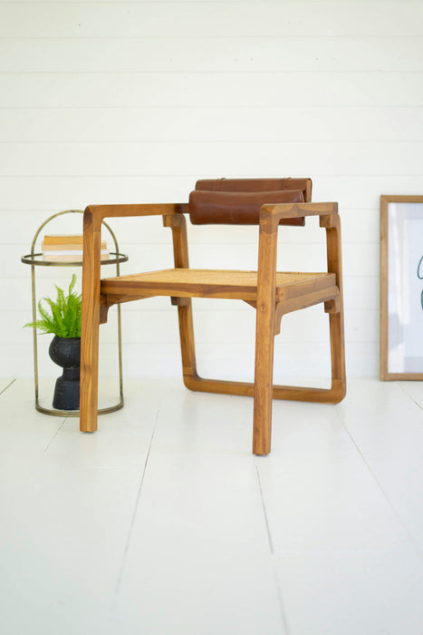 Teak Arm Chair w/ Woven Seat & Leather Pad Back