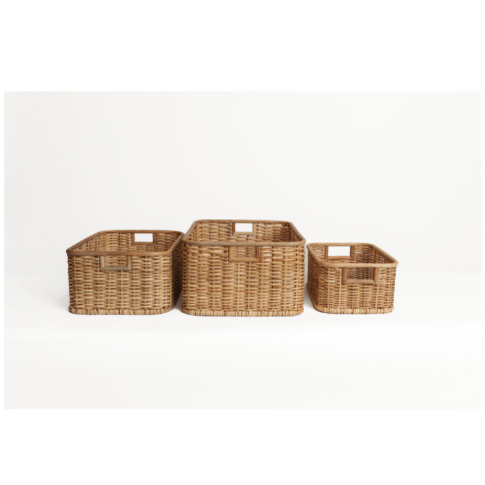Handmade Palm & Rattan Baskets w/ Handles, Natural, Set of 3