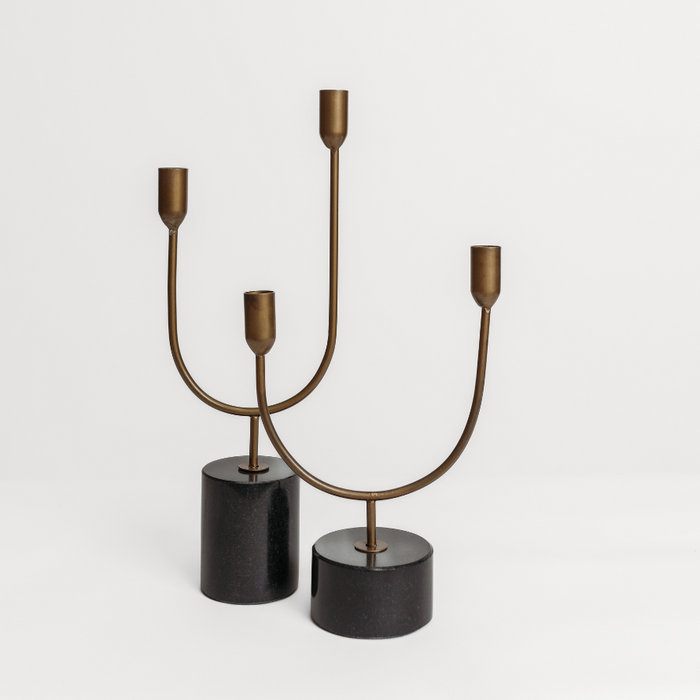 Set of 2 Brass with Marble Double Taper Candle Holders
