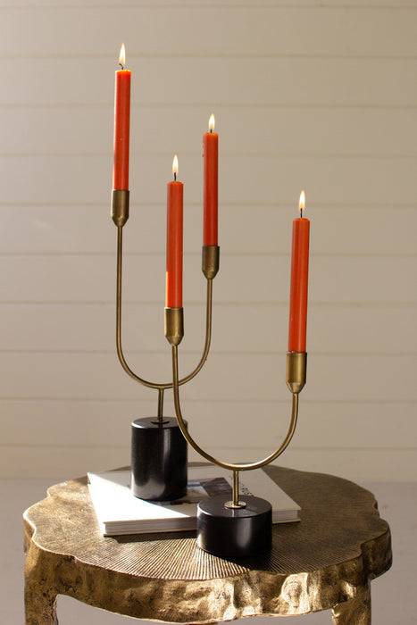 Set of 2 Brass with Marble Double Taper Candle Holders