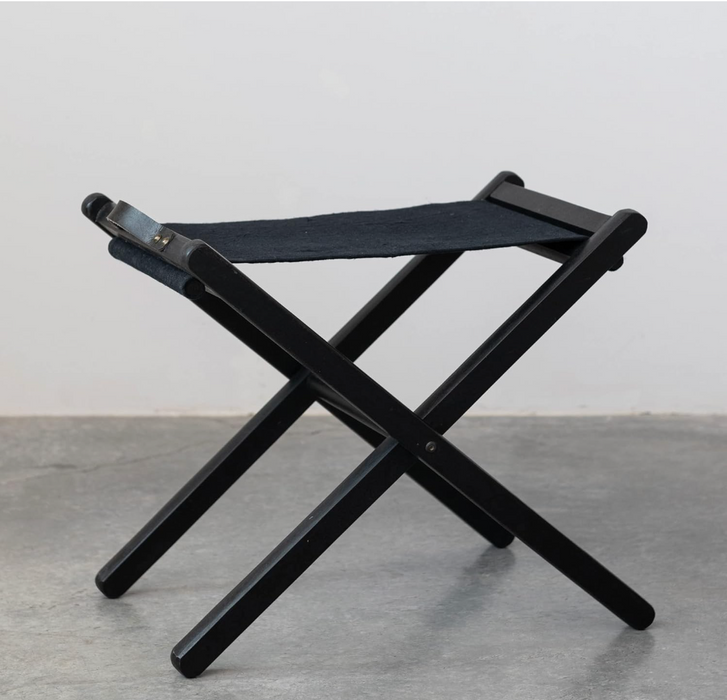 Mango Wood & Linen Folding Stool w/ Leather Handle, Black