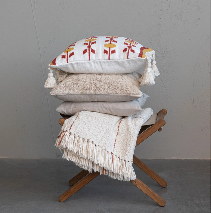 Mango Wood & Linen Folding Stool w/ Leather Handle, Natural