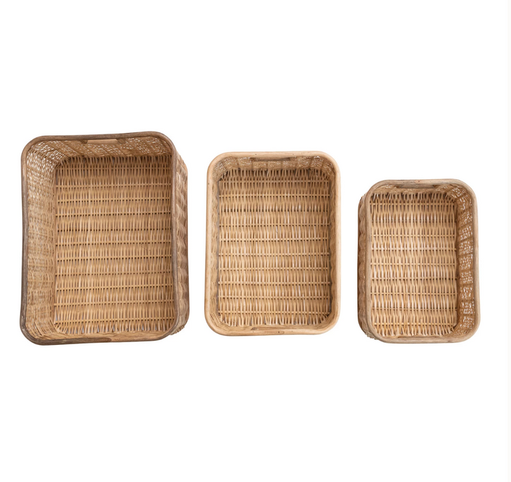 Handmade Palm & Rattan Baskets w/ Handles, Natural, Set of 3