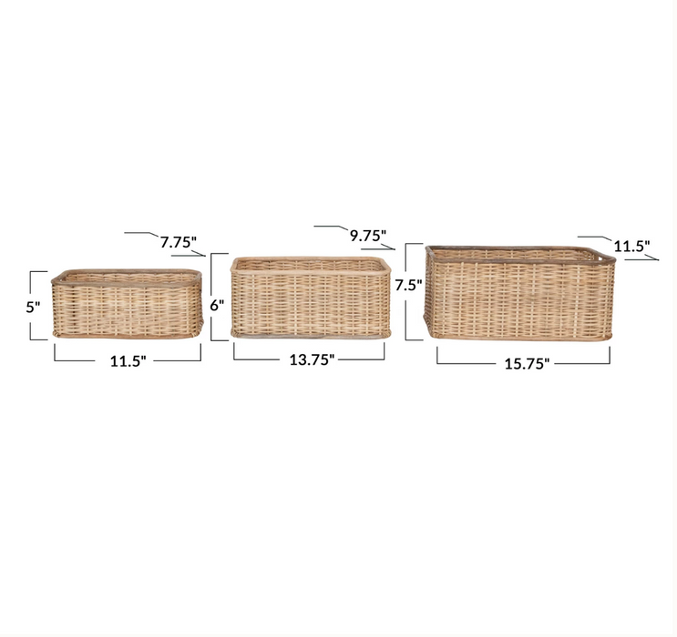 Handmade Palm & Rattan Baskets w/ Handles, Natural, Set of 3
