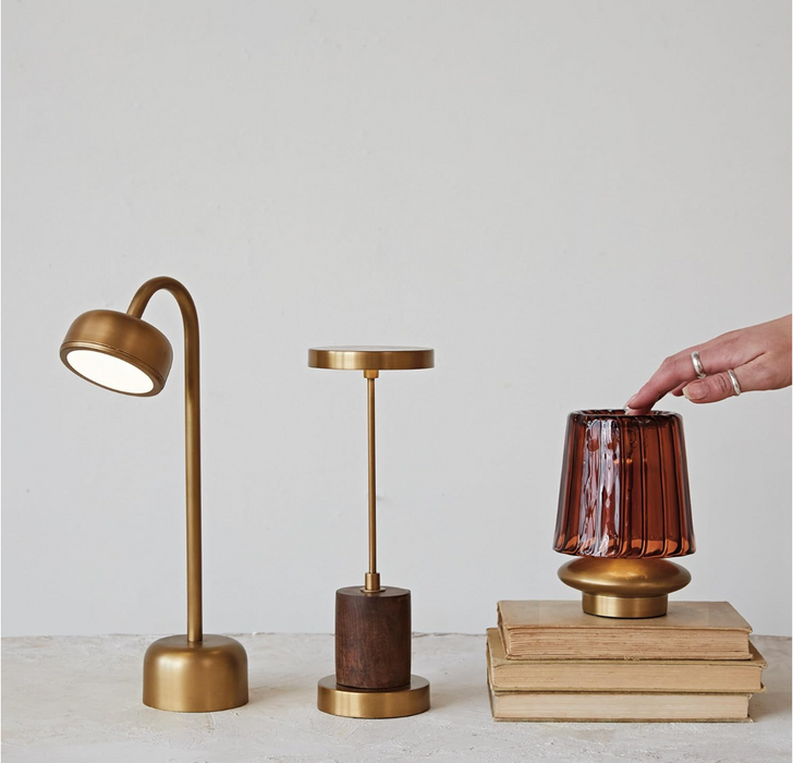 Metal & Mango Wood LED Table Lamp w/ Touch Sensor, Antique Brass Finish