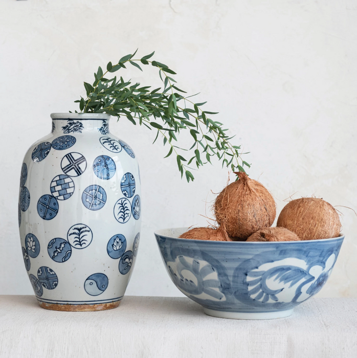Hand-Painted Stoneware Bowl w/ Design, Blue & White