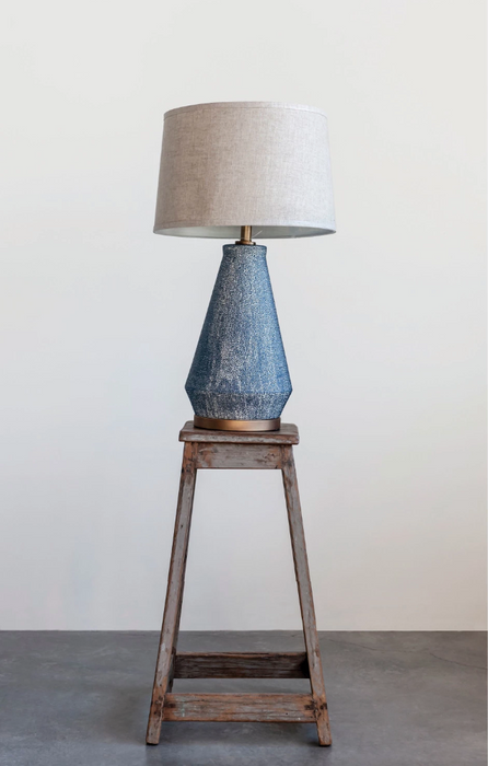 Ceramic Table Lamp with Linen Shade – Blue Textured Glaze