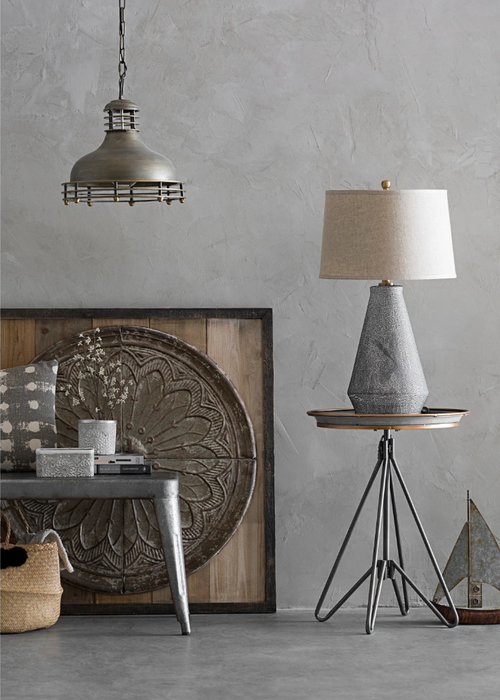 Ceramic Table Lamp with Linen Shade – Blue Textured Glaze